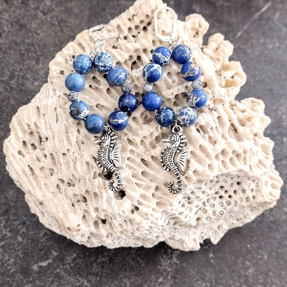 Blue Sea Sediment Beaded Seahorse Earrings